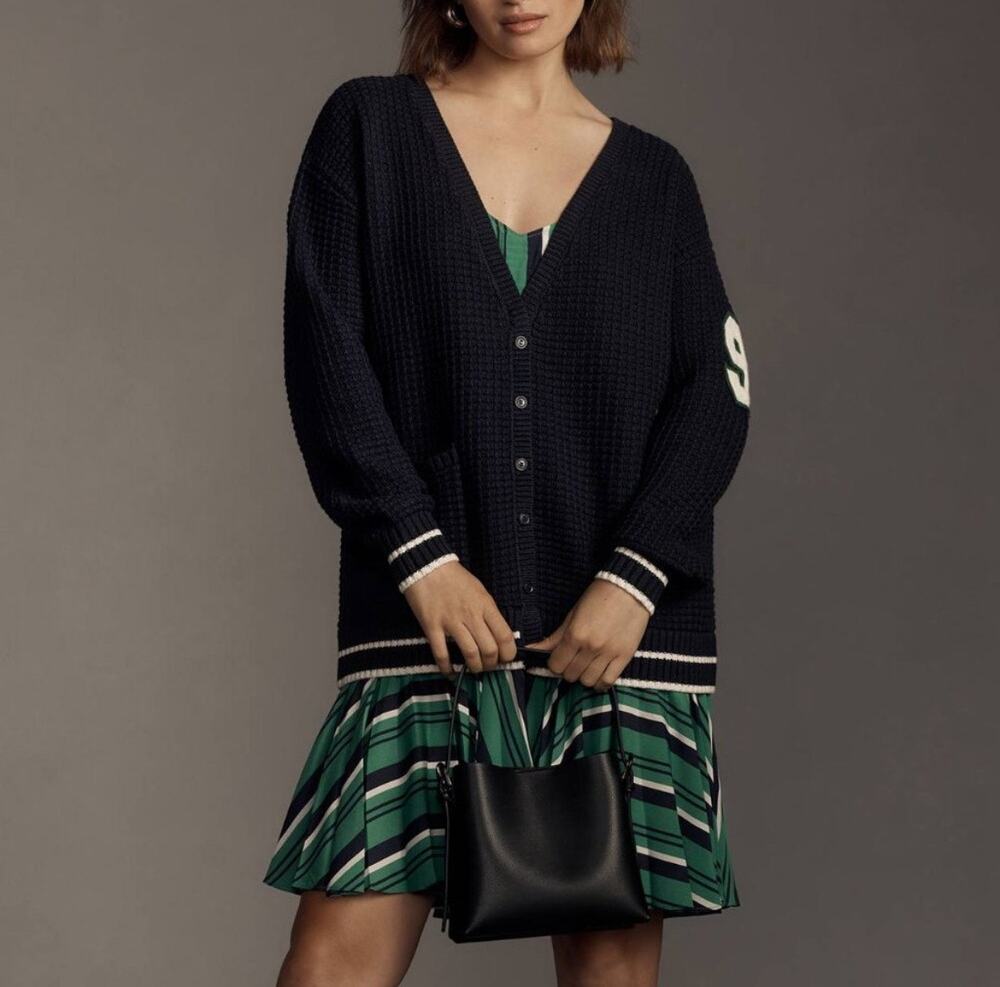 Anthropologie Navy Varsity Cardigan Sweater Twofer Layered Mixed Media Dress